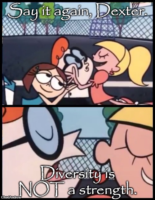 Diversity is NOT a strength. | Say it again, Dexter. Diversity is NOT a strength. | image tagged in memes,say it again dexter,diversity,united states of america,maga | made w/ Imgflip meme maker