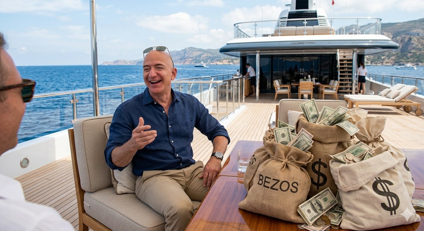 Bezos robbing us blind from his yacht Blank Meme Template