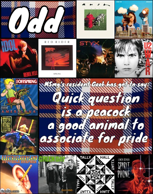 Talking about the deadly sin btw | Quick question is a peacock a good animal to associate for pride | image tagged in odd's album announcement template | made w/ Imgflip meme maker