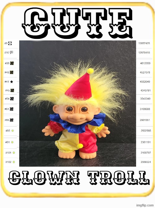 CUTE CLOWN TROLL | CUTE; CLOWN TROLL | image tagged in troll,trolls,inception,cowboy wisdom,cowboy father and son,funny memes | made w/ Imgflip meme maker