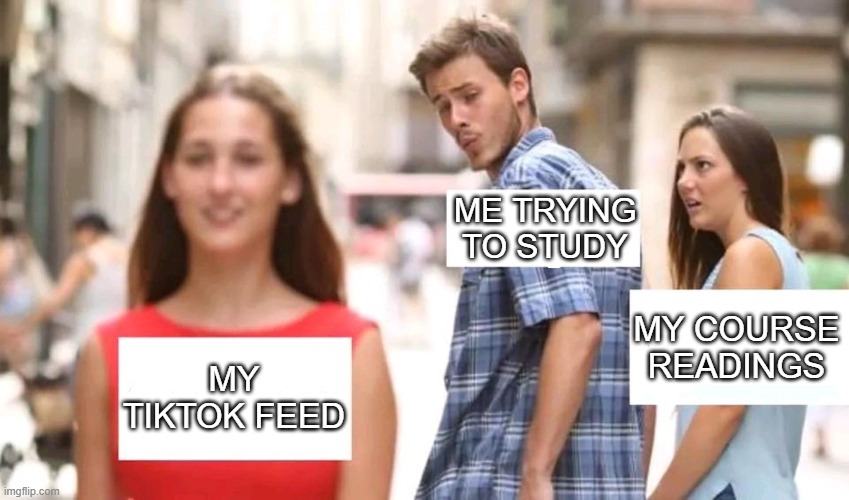 Distracted boyfriend | Me trying to study; My course readings; My TikTok feed | image tagged in distracted boyfriend | made w/ Imgflip meme maker