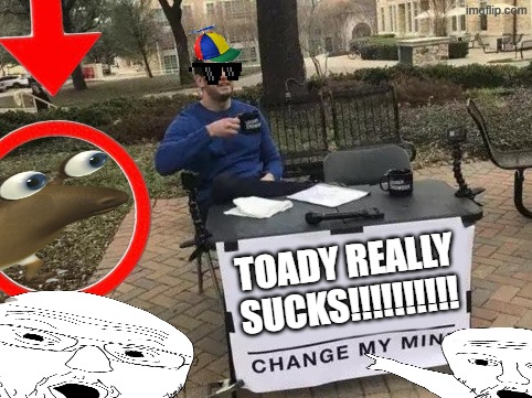 TOADY REALLY SUCKS!!!!!!!!!! | TOADY REALLY SUCKS!!!!!!!!!! | image tagged in memes,change my mind,remix | made w/ Imgflip meme maker