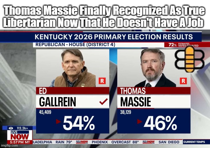 Thomas Massie Finally Recognized As True Libertarian Now That He Doesn't Have A Job | made w/ Imgflip meme maker