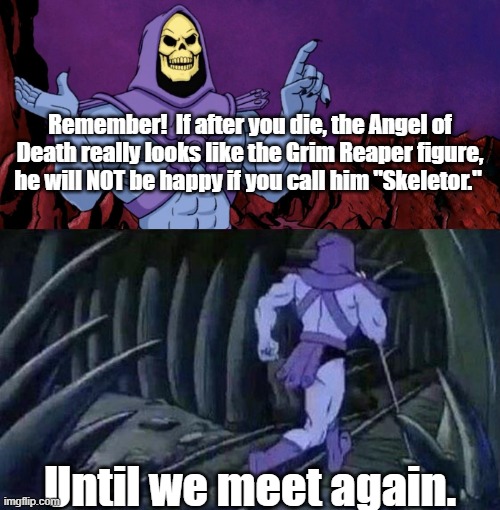 Skeletor Reaper. | Remember!  If after you die, the Angel of Death really looks like the Grim Reaper figure, he will NOT be happy if you call him "Skeletor."; Until we meet again. | image tagged in he man skeleton advices,skeletor,grim reaper | made w/ Imgflip meme maker