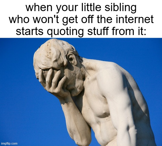it's annoying when they constantly say it but when you actually know it it's worse for some reason | when your little sibling who won't get off the internet starts quoting stuff from it: | image tagged in embarrassed statue,little brother,siblings | made w/ Imgflip meme maker