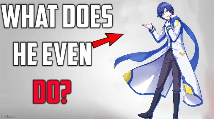 the fandom with characters not as popular now | image tagged in what does he even do blank template,kaito | made w/ Imgflip meme maker