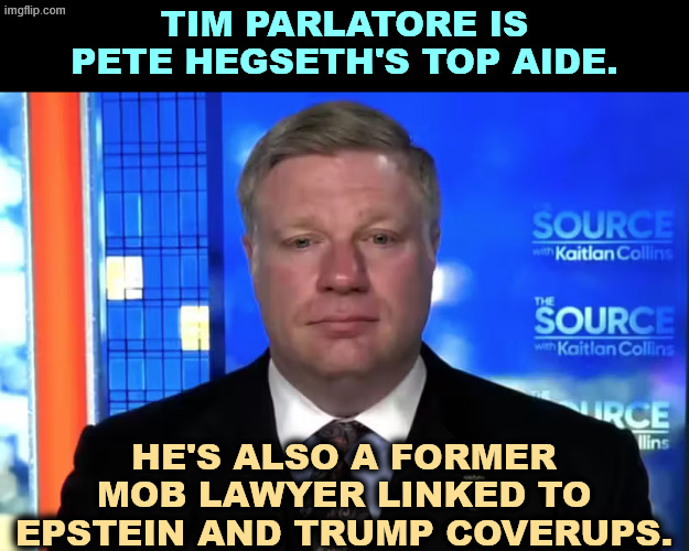 Just the man you want in government, a lawyer who defended the Gotti, Gambino and Bonnano crime families. | Tim Parlatore is Pete Hegseth's top aide. He's also a former mob lawyer linked to Epstein and Trump coverups. | image tagged in trump,mob,mafia,lawyer,jeffrey epstein,cover up | made w/ Imgflip meme maker