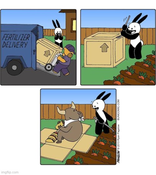 Buni Comics | image tagged in comics,buni comics,delivery,fertilizer,bull,garden | made w/ Imgflip meme maker