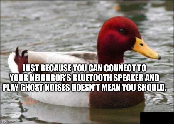 You really shouldn’t | Just because you can connect to your neighbor's bluetooth speaker and play ghost noises doesn't mean you should. | image tagged in memes,malicious advice mallard,bluetooth,speaker,neighbors,ghosts | made w/ Imgflip meme maker