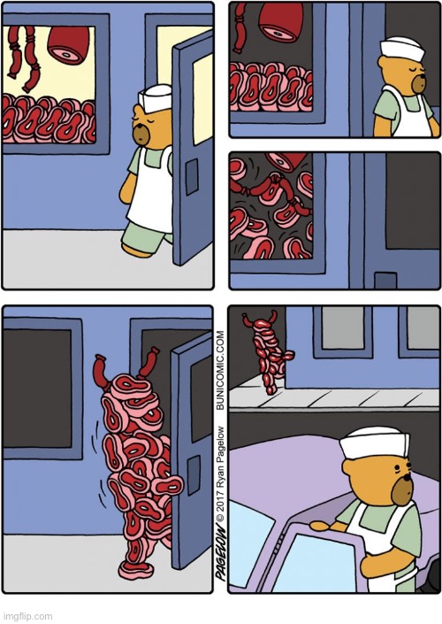 The Great (Meat) Escape | image tagged in comics,buni comics,butcher shop,bear,meat,escape | made w/ Imgflip meme maker
