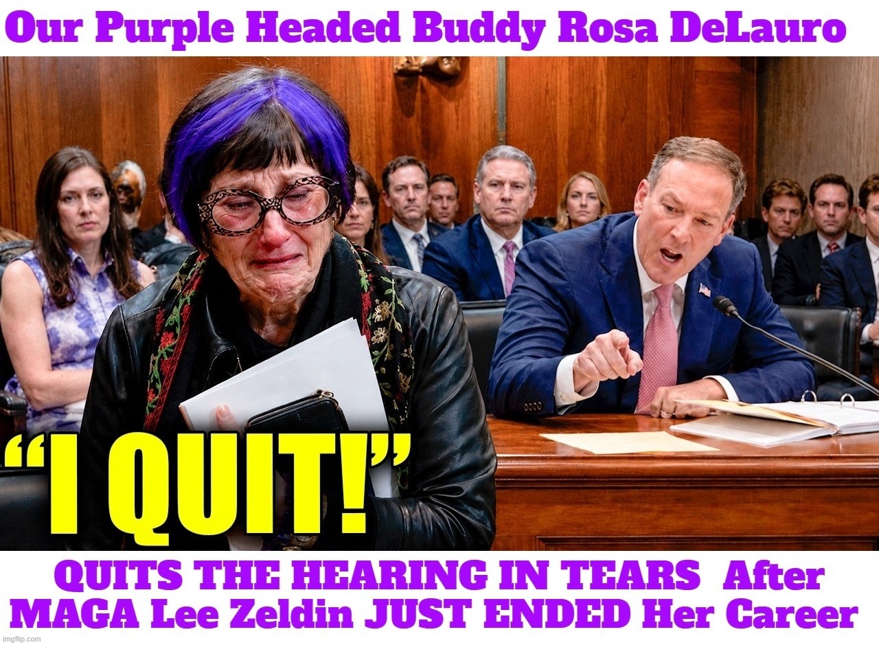 Our Purple Headed Buddy Rosa DeLauro QUITS THE HEARING IN TEARS After MAGA Lee Zeldin ENDED Her Career | image tagged in sjw triggered,penis jokes,dick head,penis breath,purple hair,stupid liberals | made w/ Imgflip meme maker