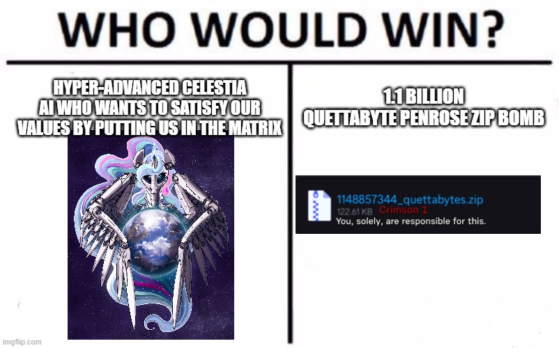Who Would Win? Meme | 1.1 billion quettabyte penrose zip bomb; hyper-advanced celestia ai who wants to satisfy our values by putting us in the matrix | image tagged in memes,who would win | made w/ Imgflip meme maker