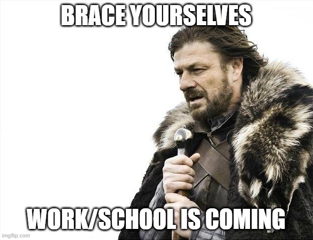 POV: Announcements be like | Brace yourselves; work/school is coming | image tagged in memes,brace yourselves x is coming | made w/ Imgflip meme maker