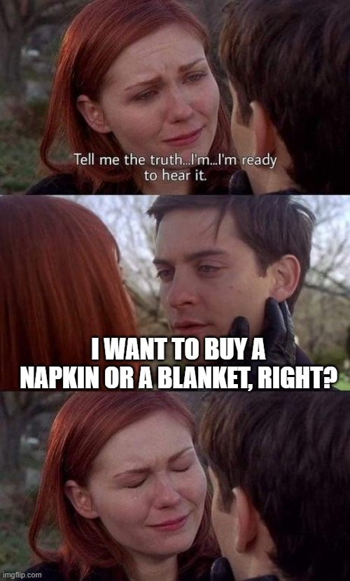 I want to buy a napkin or a blanket, right? | image tagged in tell me the truth i'm ready to hear it | made w/ Imgflip meme maker