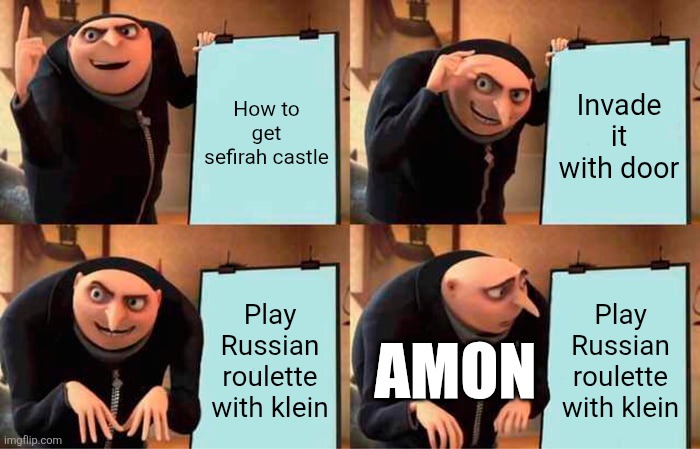 Gru's Plan Meme | How to get sefirah castle; Invade it with door; Play Russian roulette with klein; Play Russian roulette with klein; Amon | image tagged in memes,gru's plan | made w/ Imgflip meme maker