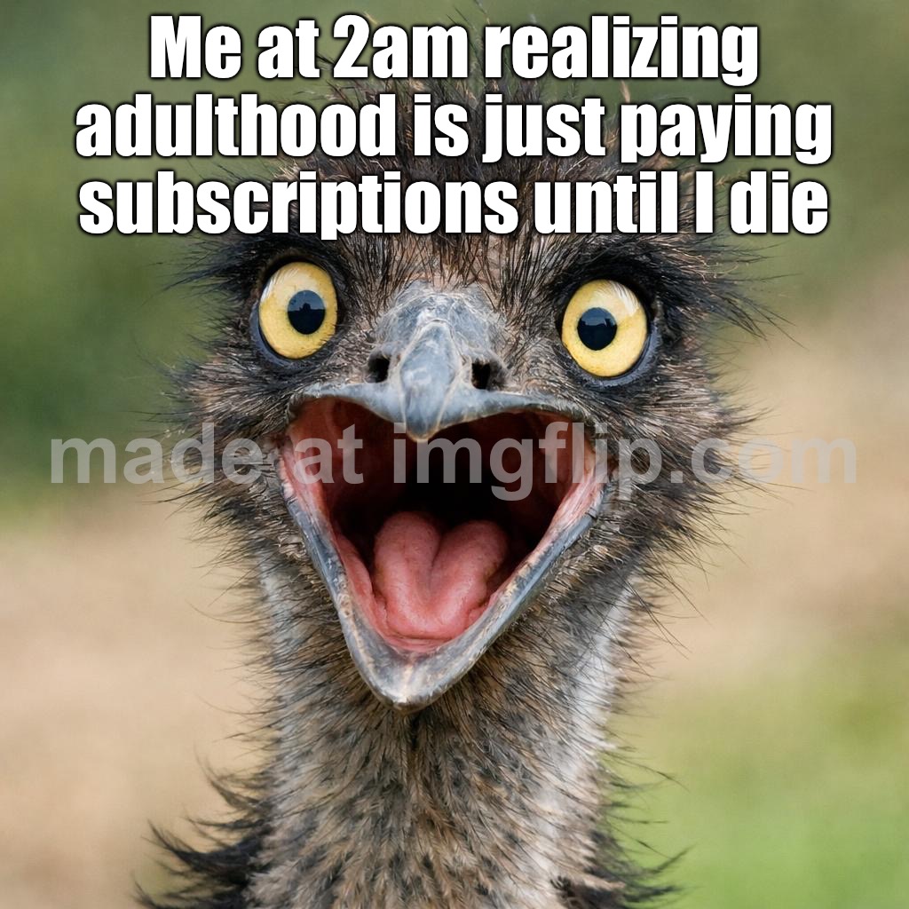 Me at 2 a.m.: "I should get my life together"; Also me: realizing getting my life together is a full-time job with no PTO | Me at 2am realizing adulthood is just paying subscriptions until I die | image tagged in shocked emu,life,3am,existentialism,bills,subscribe | made w/ Imgflip meme maker