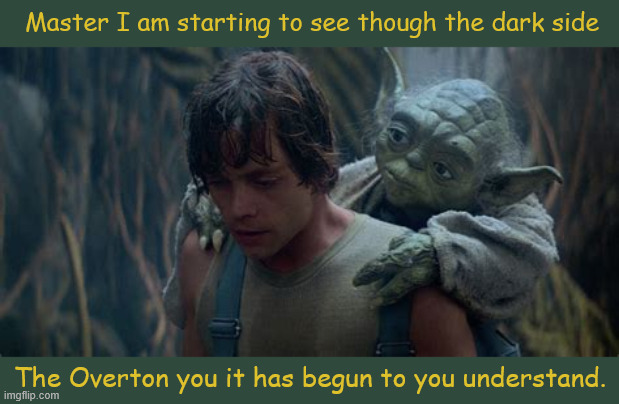 Luke turns woke | Master I am starting to see though the dark side; The Overton you it has begun to you understand. | image tagged in luke turns woke,overton meld,donth draftevader,yoda wisdom,slippey slope of lies | made w/ Imgflip meme maker