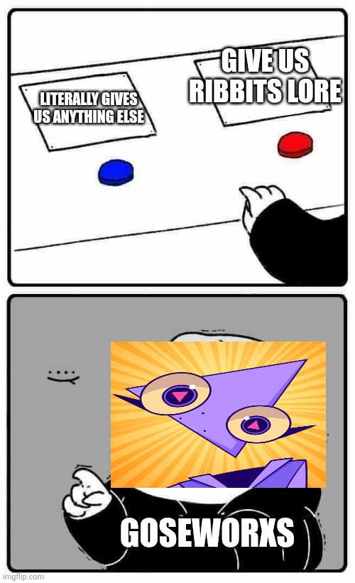 Guy with two buttons | Give us ribbits lore; Literally gives us anything else; goseworxs | image tagged in guy with two buttons,remix | made w/ Imgflip meme maker