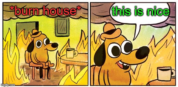 lol | this is nice; *burn house* | image tagged in memes,this is fine | made w/ Imgflip meme maker