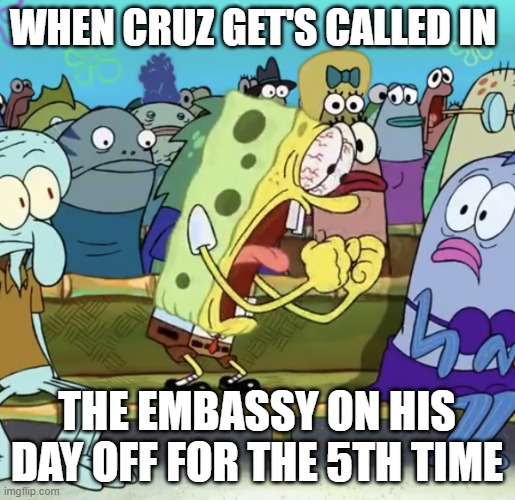 Spongebob Yelling | When Cruz get's called in; The embassy on his day off for the 5th time | image tagged in spongebob yelling | made w/ Imgflip meme maker