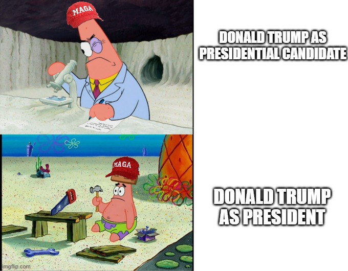 Candidate vs President | Donald Trump as Presidential Candidate; Donald Trump as President | image tagged in smart patrick vs dumb patrick,donald trump,maga,president | made w/ Imgflip meme maker