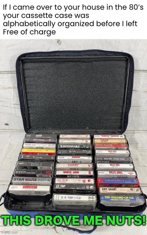 Aaaah! Unorganized tape cases were grounds for a break-up. | If I came over to your house in the 80’s

your cassette case was alphabetically organized before I left
Free of charge; This drove me nuts! | image tagged in funny memes,80s,gen x | made w/ Imgflip meme maker