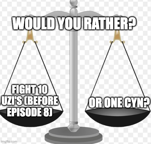 Would You Rather? | would you rather? or one cyn? fight 10 uzi's (before episode 8) | image tagged in memes,uzi,cyn,murder drones | made w/ Imgflip meme maker