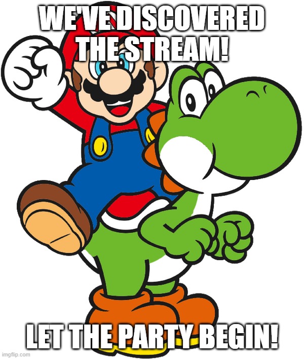 Wahoo! | we've discovered the stream! let the party begin! | image tagged in mario ridng yoshi | made w/ Imgflip meme maker