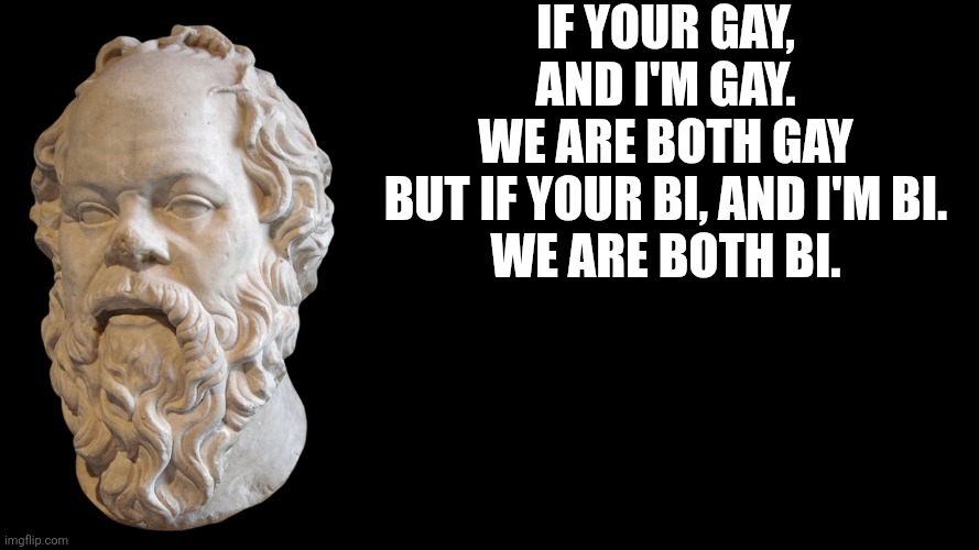 Socrates Wisdom For All | If your gay, and I'm gay.
we are both gay
but if your bi, and I'm bi.
we are both bi. | image tagged in socrates | made w/ Imgflip meme maker