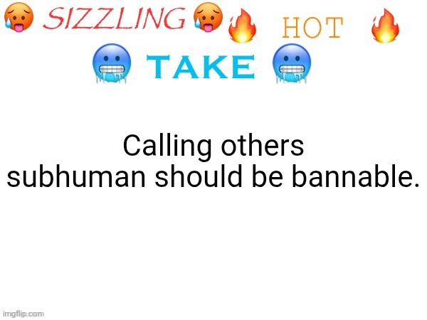 sizzling hot take | Calling others subhuman should be bannable. | image tagged in sizzling hot take | made w/ Imgflip meme maker