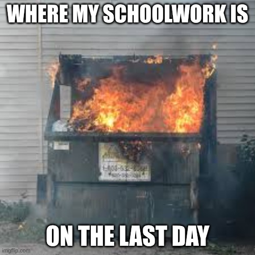Dumpster Fire | where my schoolwork is; on the last day | image tagged in dumpster fire | made w/ Imgflip meme maker