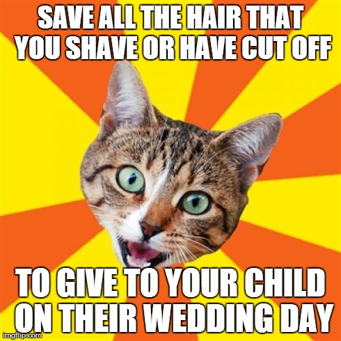 Bad Advice Cat Meme | SAVE ALL THE HAIR THAT YOU SHAVE OR HAVE CUT OFF TO GIVE TO YOUR CHILD ON THEIR WEDDING DAY | image tagged in memes,bad advice cat | made w/ Imgflip meme maker