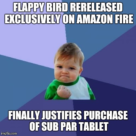 So this just happened.. | FLAPPY BIRD RERELEASED EXCLUSIVELY ON AMAZON FIRE FINALLY JUSTIFIES PURCHASE OF SUB PAR TABLET | image tagged in memes,success kid,funny,true story,truth,computers/electronics | made w/ Imgflip meme maker