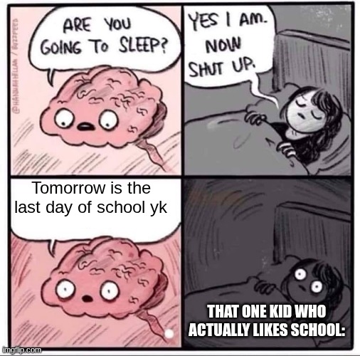 one more day... | Tomorrow is the last day of school yk; that one kid who actually likes school: | image tagged in insomnia brain can't sleep blank,school,summer,summer vacation,yay,oh wow are you actually reading these tags | made w/ Imgflip meme maker