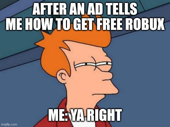 Whenever the websites try to give you free Robux | After an ad tells me how to get Free Robux; me: ya right | image tagged in memes,futurama fry | made w/ Imgflip meme maker