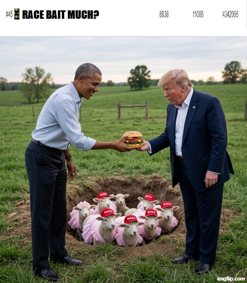 TRUMP TROLL #45 - RACE BAIT MUCH? | RACE BAIT MUCH? | image tagged in donald trump,obama,red background,inception,cowboy wisdom,jim halpert explains | made w/ Imgflip meme maker