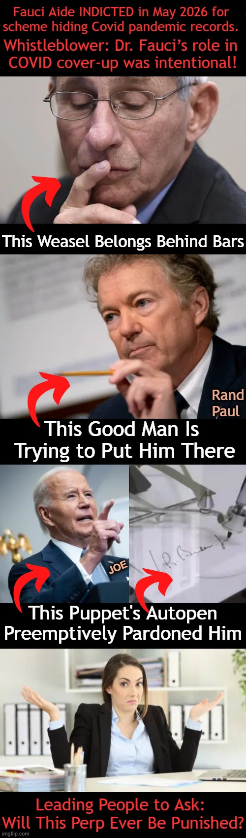 This Pandemic Perp Could Face a Perjury Indictment in the Future According to Paul | Fauci Aide INDICTED in May 2026 for 
scheme hiding Covid pandemic records. Whistleblower: Dr. Fauci’s role in 
COVID cover-up was intentional! This Weasel Belongs Behind Bars; Rand Paul; This Good Man Is 
Trying to Put Him There; JOE; This Puppet's Autopen
Preemptively Pardoned Him; Leading People to Ask: 
Will This Perp Ever Be Punished? | image tagged in ron paul,dr fauci,joe biden,autopen,weasel,doj do your job | made w/ Imgflip meme maker