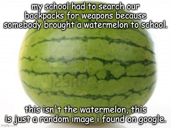 ITS A WATERMELON, INSIDE A WATERMELON | my school had to search our backpacks for weapons because somebody brought a watermelon to school. this isn't the watermelon, this is just a random image i found on google. | image tagged in watermelon,school,weapons | made w/ Imgflip meme maker
