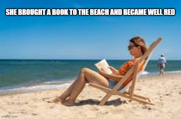 She brought a book to the beach and became well red. | she brought a book to the beach and became well red | image tagged in funny,humor,play on words,reading,beach | made w/ Imgflip meme maker
