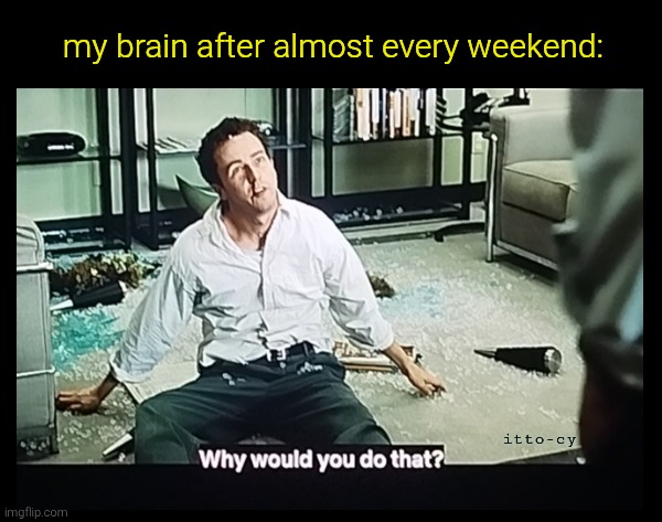 y u no cooperate? | my brain after almost every weekend:; itto-cy | image tagged in fun,movie,fight club | made w/ Imgflip meme maker