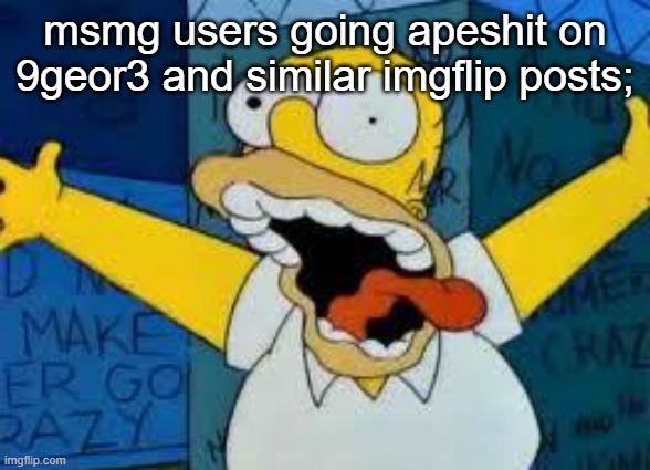 msmg slander | msmg users going apeshit on 9geor3 and similar imgflip posts; | image tagged in homer going crazy,slander | made w/ Imgflip meme maker
