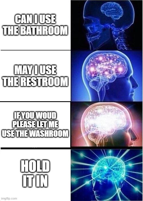 Expanding Brain | can I use the bathroom; mAY I USE THE RESTROOM; IF YOU WOUD PLEASE LET ME USE THE WASHROOM; HOLD IT IN | image tagged in memes,expanding brain | made w/ Imgflip meme maker