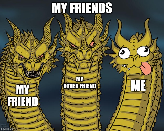 Three-headed Dragon | my friends; my other friend; me; my friend | image tagged in three-headed dragon | made w/ Imgflip meme maker