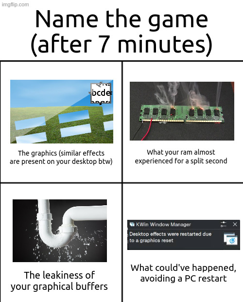 Blank 4-Panel | Name the game (after 7 minutes); The graphics (similar effects are present on your desktop btw); What your ram almost experienced for a split second; What could've happened, avoiding a PC restart; The leakiness of your graphical buffers | image tagged in blank 4-panel | made w/ Imgflip meme maker