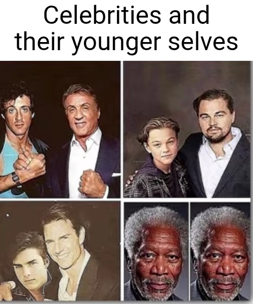 Morgan Freeman never changes | Celebrities and their younger selves | image tagged in morgan freeman,actors,celebrities,age,young,eternal | made w/ Imgflip meme maker