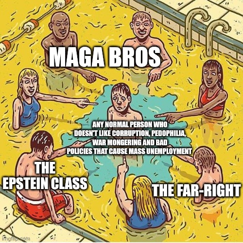 This is what being deemed "suffering from TDS" feels like | Maga bros; Any normal person who doesn't like corruption, pedophilia, war mongering and bad policies that cause mass unemployment; The Epstein class; The far-right | image tagged in everyone pee in pool,maga,conservative logic,stupidity | made w/ Imgflip meme maker