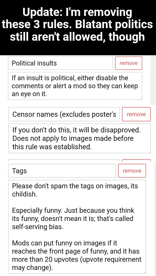 Rules update | Update: I'm removing these 3 rules. Blatant politics still aren't allowed, though | image tagged in rareinsults,rules,update,streams | made w/ Imgflip meme maker