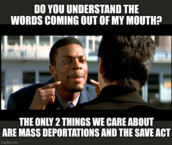 Do you understand the words coming out of my mouth? The only 2 things we care about are mass deportations and the save act | image tagged in maxresdefault 3 jpg | made w/ Imgflip meme maker