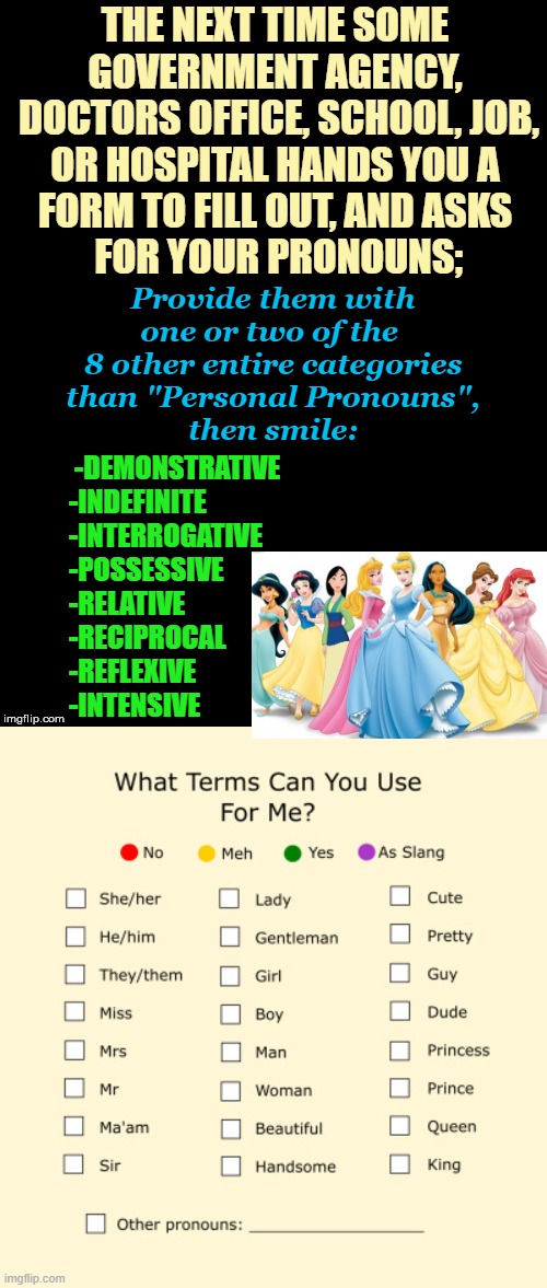 Speech GAMES that Get Personal by Invading Ones Space, rather presumptuously | The next time some 
government agency, 
doctors office, school, job,
or hospital hands you a 
form to fill out, and asks 
for your pronouns;; Provide them with
one or two of the 
8 other entire categories
than "Personal Pronouns",
then smile:; -Demonstrative
-Indefinite
-interrogative
-Possessive
-Relative
-Reciprocal
-Reflexive
-Intensive | image tagged in trump,pronouns,globalism,cultural marxism,constitutional convention,transgender | made w/ Imgflip meme maker