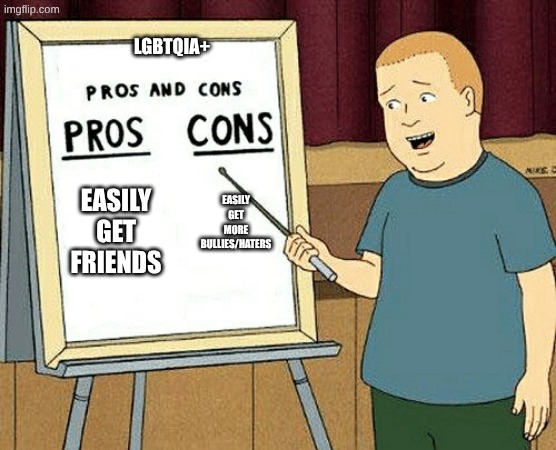 me explaining to my parents about the pros and cons about being in lgbtqia+ | lgbtqia+; Easily get friends; Easily get more bullies/haters | image tagged in pros and cons | made w/ Imgflip meme maker